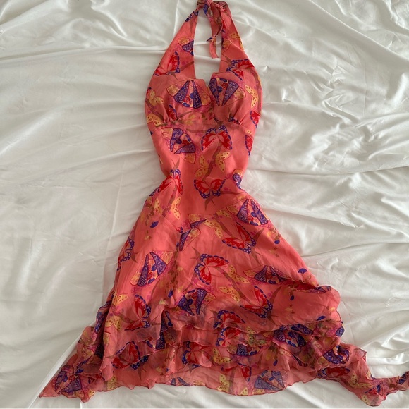 Vintage Orange Pink Asymmetrical Halter Sundress - Picture 2 of 8